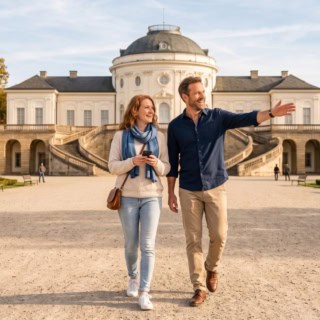 Zwei Personen machen eine kulinarische Stadtführung durch den Stuttgarter Westen und besichtigen ein Schloss.