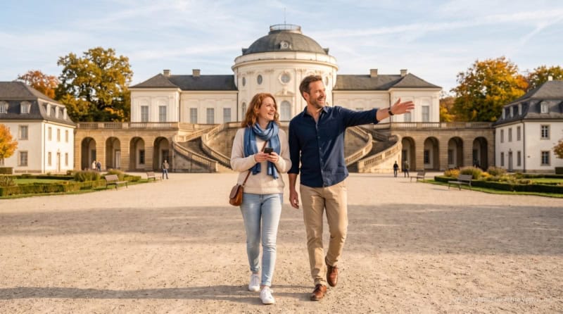 Zwei Personen machen eine kulinarische Stadtführung durch den Stuttgarter Westen und besichtigen ein Schloss.
