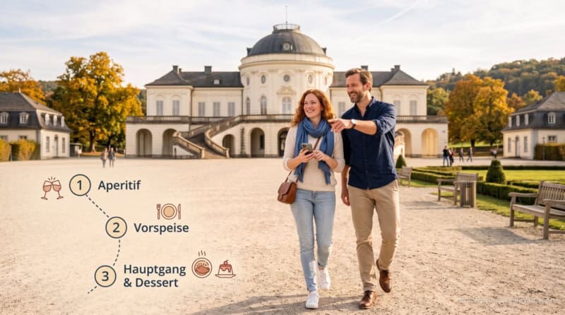 Zwei Personen machen eine kulinarische Stadtführung durch den Stuttgarter Westen und besichtigen ein Schloss und gehen den 3 Stationen nach.