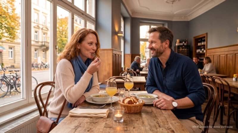 Zwei Personen sitzen im Restaurant bei der kulinarischen Stadtführung in Stuttgarter Wester und essen eine Vorspeise.