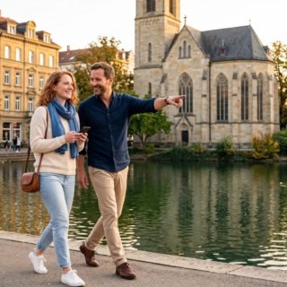 Zwei Personen gehen durch die Altstadt bei der kulinarischen Stadtführung im Stuttgarter Westen.