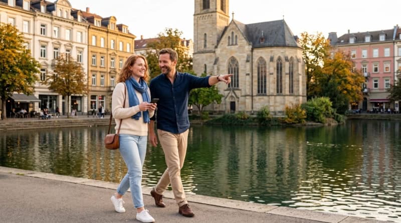 Zwei Personen gehen durch die Altstadt bei der kulinarischen Stadtführung im Stuttgarter Westen.