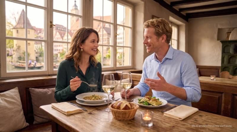 Zwei Personen essen eine Vorspeise in einem Restaurant in Tübingen.