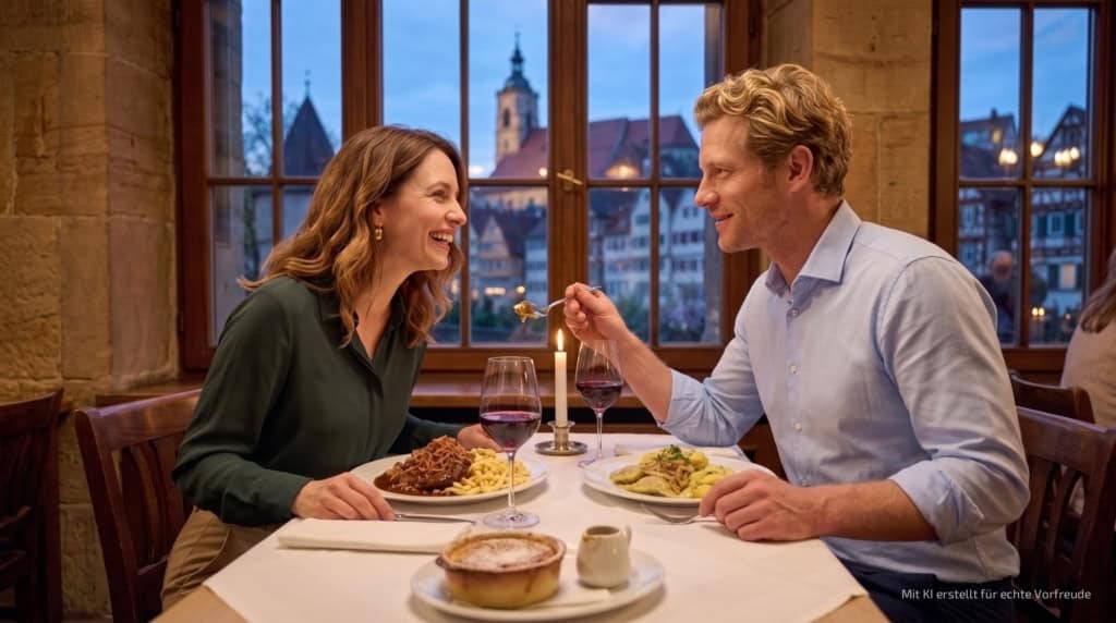 Zwei Personen essen einen Hauptgang in einem Restaurant in Tübingen.