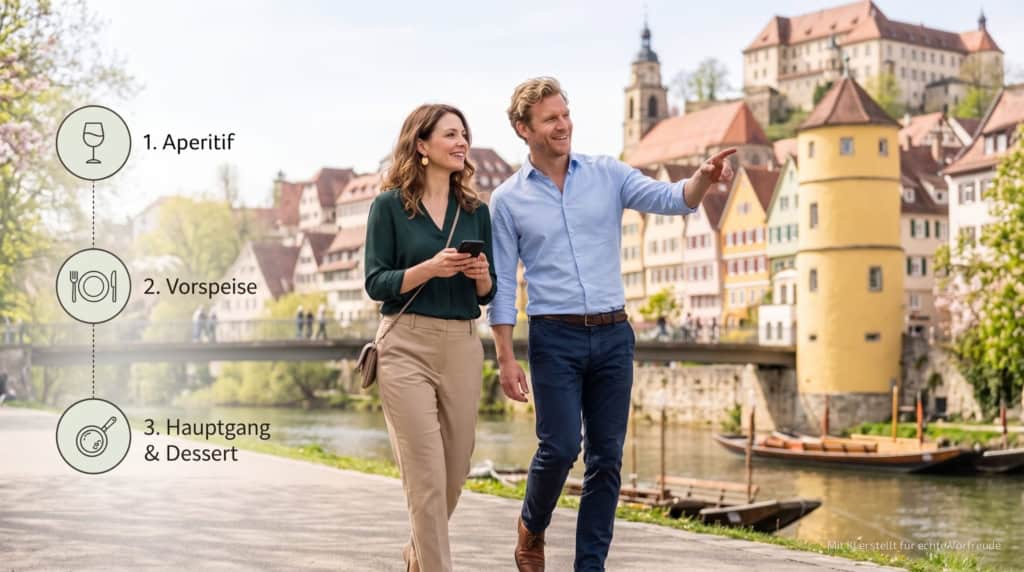 Zwei Personen gehen bei der kulinarischen Stadtführung durch Tübingen.