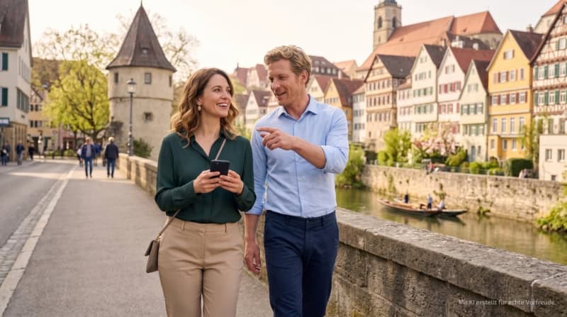 Zwei Personen gehen bei der kulinarischen Stadtführung durch die Altstadt von Tübingen.
