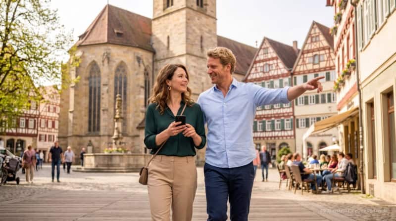 Zwei Personen machen eine kulinarische Stadtführung in Tübingen durch die Altstadt.