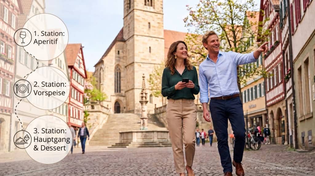 kulinarische-stadtfuhrung-tubingen-stadt-historische Altstadt und 3 Gänge Menü Zwei Personen machen eine kulinarische Stadtführung durch Tübingen mit 3 Gänge Menü.