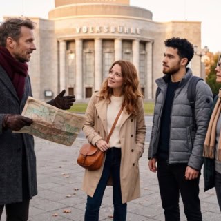 3 Personen machen mit einem Stadtführer ein Tour durch Berlin und besichtigen die Volksbühne.