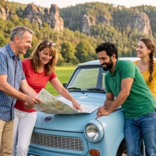 Familie steht an einem blauen Trabant in der Sächsischen Schweiz