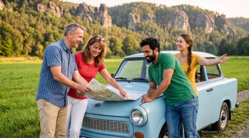 Familie steht an einem blauen Trabant in der Sächsischen Schweiz